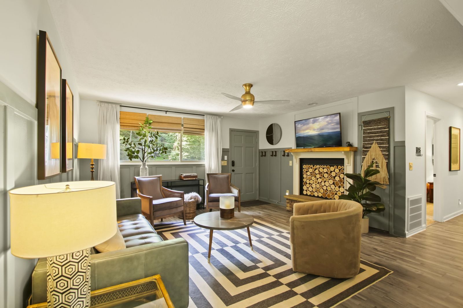Bright living room with fireplace