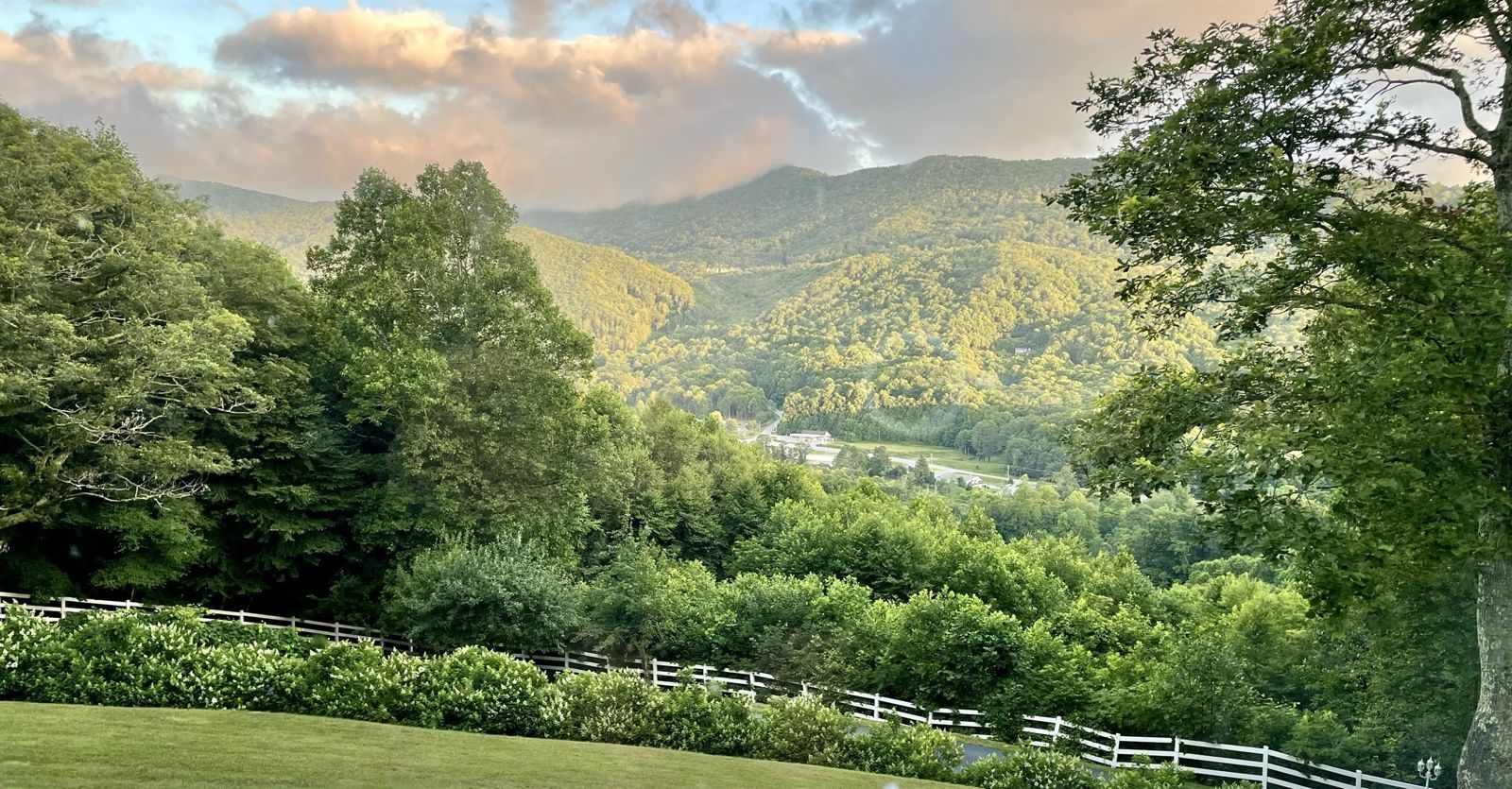 Green valley view from a fenced lawn